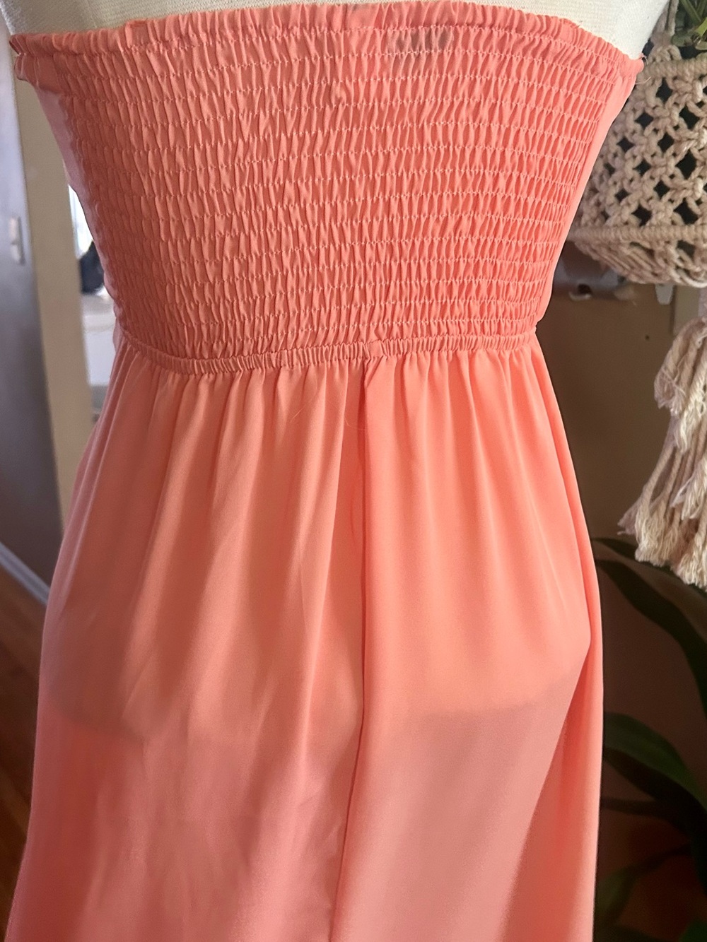 Strapless Coral Dress with Multicolor Embroidered V-Neck - Picture 7 of 11